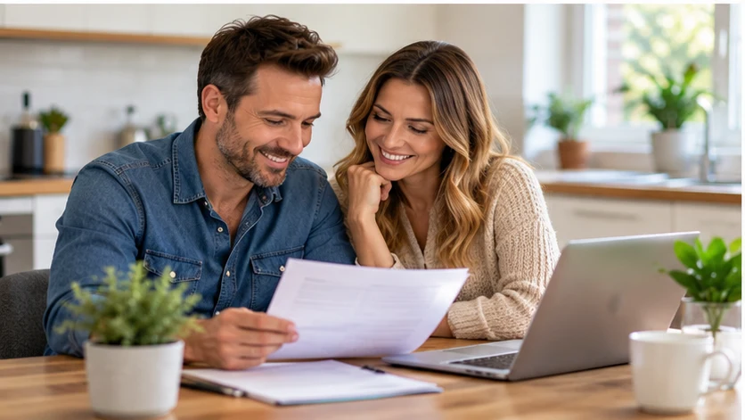 Couple reviewing paperwork together while planning their mortgage deposit.