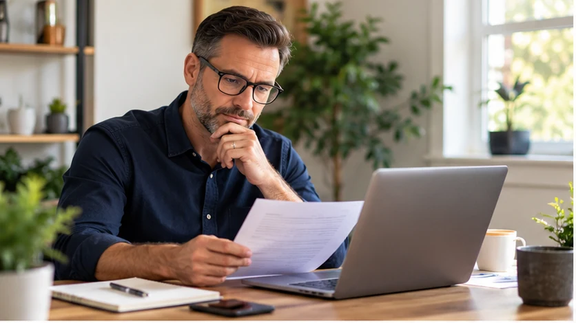 Man reviewing mortgage paperwork beside a laptop while considering flexible mortgage options.