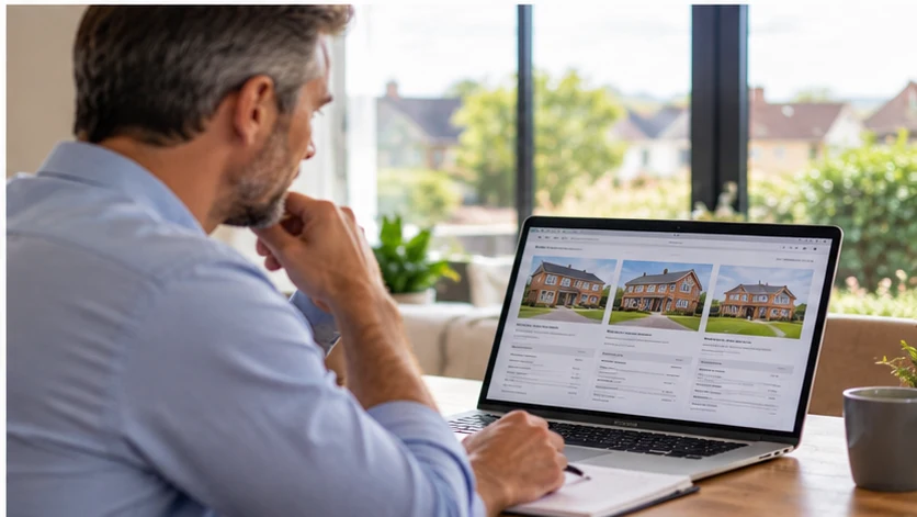 Man researching property options online while considering mortgage lenders.