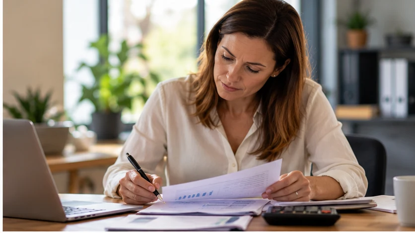 Woman checking financial documents and calculations to prepare evidence of income for a mortgage.
